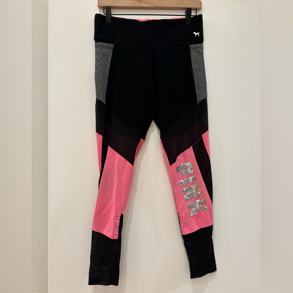 Vintage 90s PINK Victoria's Secret Neon Sequin Pocket mesh detail Leggings